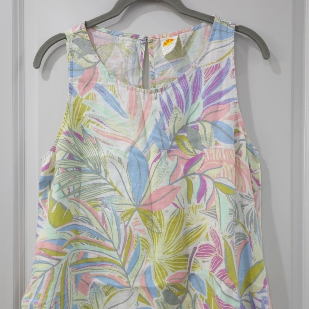 C&C 100% Linen Multicolor Tropical Pastel Sleeveless Trapeze Dress W/ Pockets - Picture 2 of 11